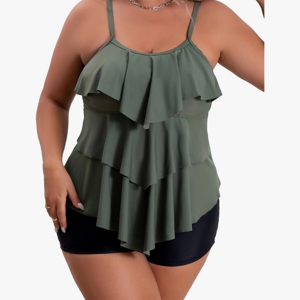 Olive Green Ruffle Tankini Top